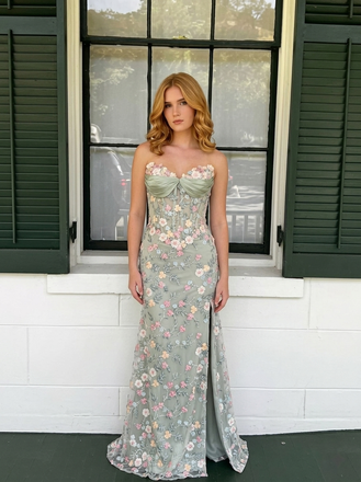Beautiful Sage Green Floral Embroidered Strapless Corset Mermaid Prom Dress with Slit, PD4180