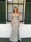 Beautiful Sage Green Floral Embroidered Strapless Corset Mermaid Prom Dress with Slit, PD4180