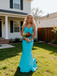 Simple Turquoise Blue Spaghetti Strap V-Neck Mermaid Prom Dress with Train, PD4183