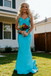 Simple Turquoise Blue Spaghetti Strap V-Neck Mermaid Prom Dress with Train, PD4183