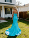 Simple Turquoise Blue Spaghetti Strap V-Neck Mermaid Prom Dress with Train, PD4183