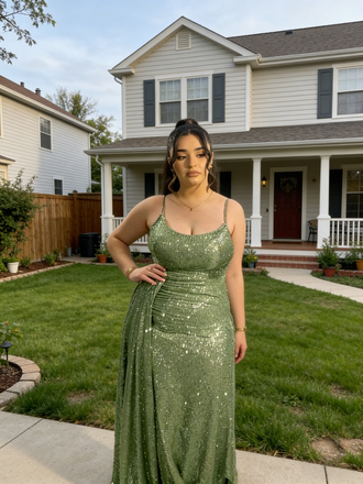 Shiny Olive Green Sequin Spaghetti Strap Ruched Mermaid Maxi Evening Dress with Train, PD4184