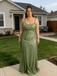 Shiny Olive Green Sequin Spaghetti Strap Ruched Mermaid Maxi Evening Dress with Train, PD4184