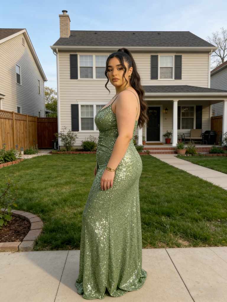 Shiny Olive Green Sequin Spaghetti Strap Ruched Mermaid Maxi Evening Dress with Train, PD4184