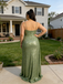 Shiny Olive Green Sequin Spaghetti Strap Ruched Mermaid Maxi Evening Dress with Train, PD4184