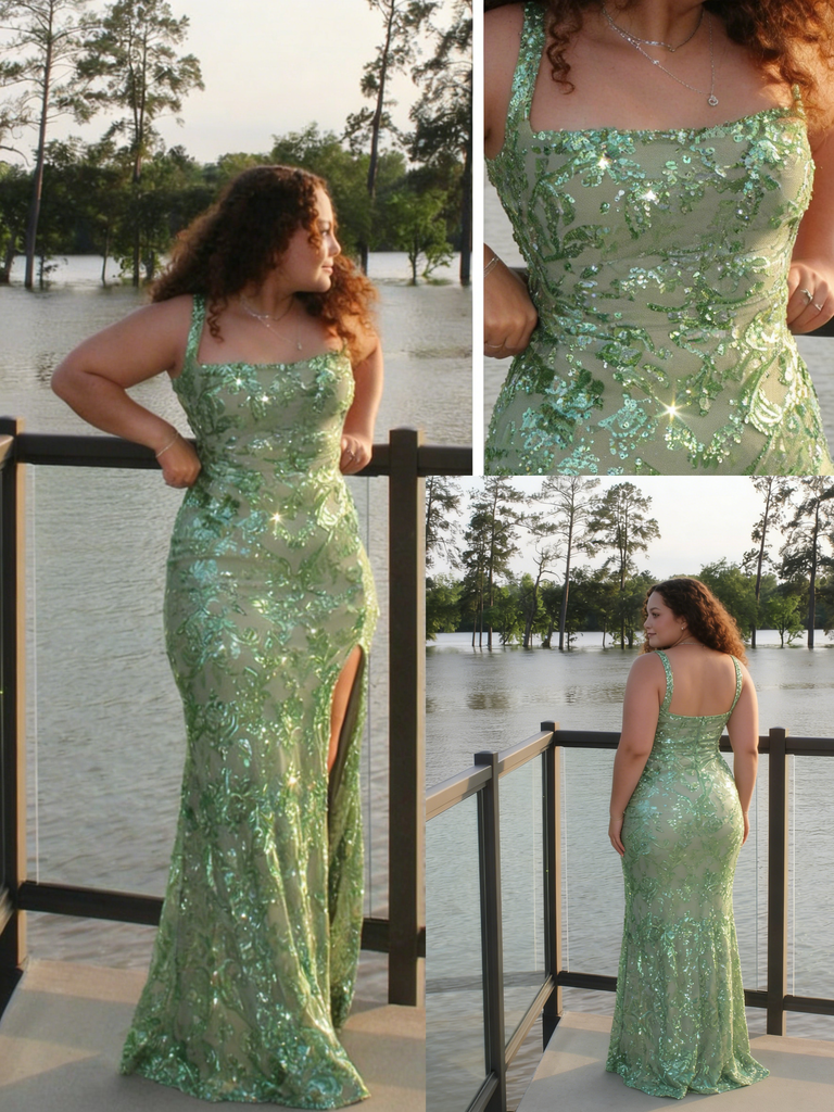 Sexy Mint Green Sequin Floral Embellished Side Slit Mermaid Prom Dress, PD4185