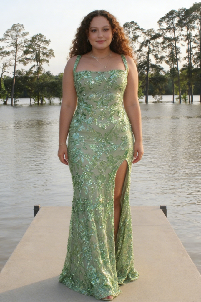 Sexy Mint Green Sequin Floral Embellished Side Slit Mermaid Prom Dress, PD4185