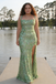 Sexy Mint Green Sequin Floral Embellished Side Slit Mermaid Prom Dress, PD4185