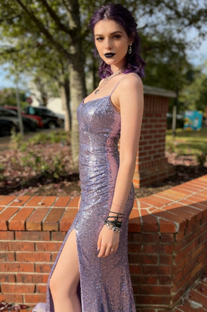 Lavender Purple Sequin Spaghetti Strap Mermaid Prom Dress with Slit & Open Back, PD4187