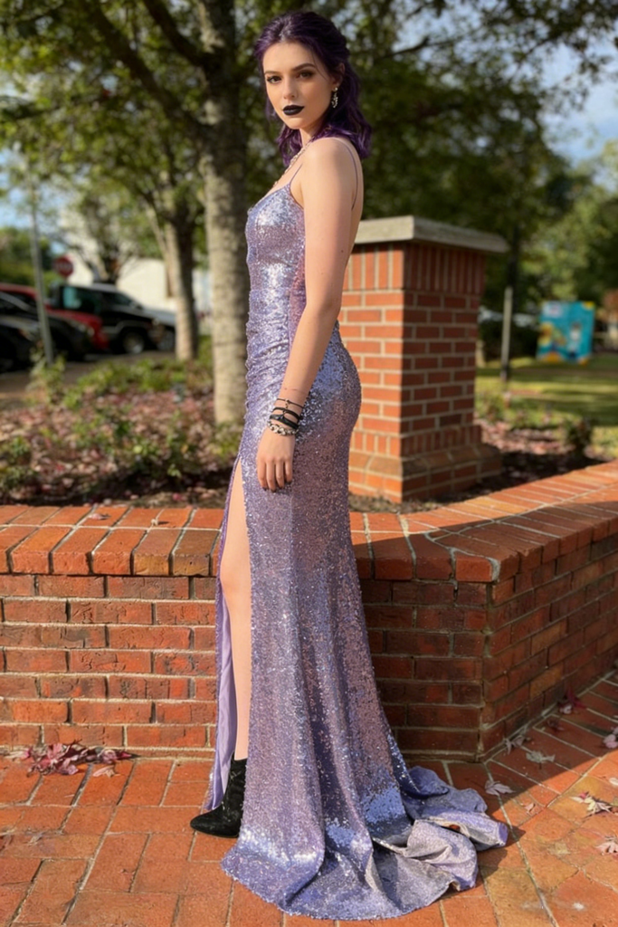Lavender Purple Sequin Spaghetti Strap Mermaid Prom Dress with Slit & Open Back, PD4187