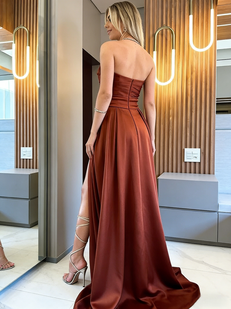 Caramel Brown Strapless Bow Satin Mermaid Prom Dress with Cutout & Slit, PD4188