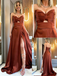 Caramel Brown Strapless Bow Satin Mermaid Prom Dress with Cutout & Slit, PD4188