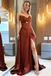Caramel Brown Strapless Bow Satin Mermaid Prom Dress with Cutout & Slit, PD4188