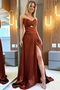 Caramel Brown Strapless Bow Satin Mermaid Prom Dress with Cutout & Slit, PD4188