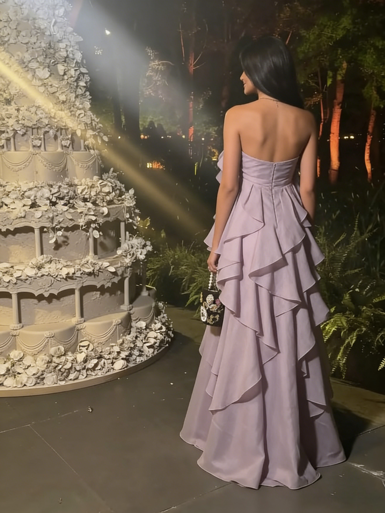 Elegant Lavender Strapless Ruffled Gown with 3D Floral Detail for Formal Events & Prom, PD4190