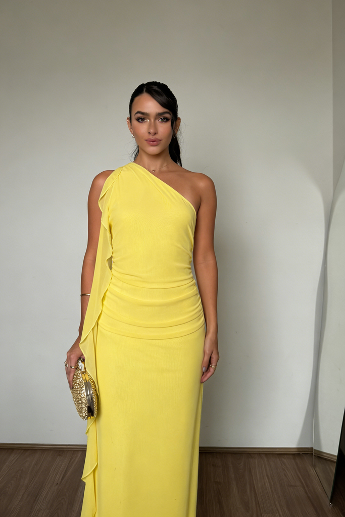 Bright Yellow One Shoulder Ruffled Maxi Dress for Wedding Guest & Evening Parties, PD4191