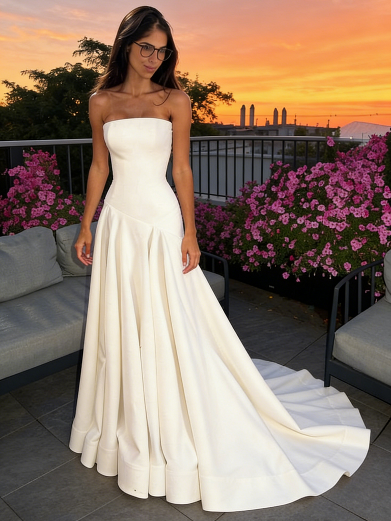Minimalist White Satin Strapless A-Line Ball Gown for Bridal & Formal Evening Occasions, PD4192
