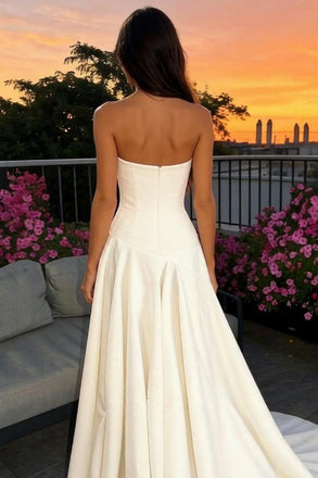 Minimalist White Satin Strapless A-Line Ball Gown for Bridal & Formal Evening Occasions, PD4192