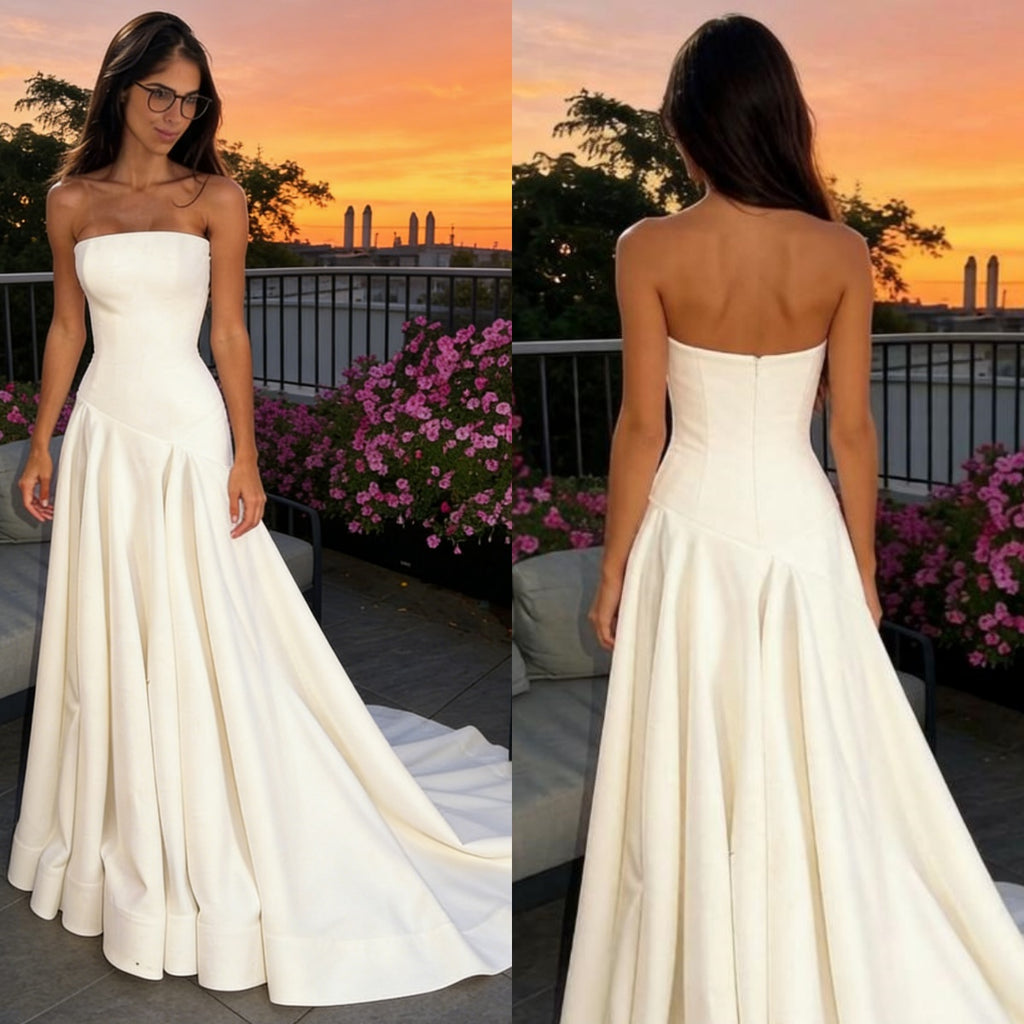Minimalist White Satin Strapless A-Line Ball Gown for Bridal & Formal Evening Occasions, PD4192