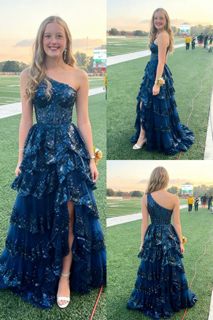 Navy Blue Sequin One Shoulder Tiered Side Slit A-Line Prom Dress with Ruffle Details, PD4194