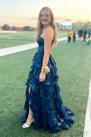 Navy Blue Sequin One Shoulder Tiered Side Slit A-Line Prom Dress with Ruffle Details, PD4194