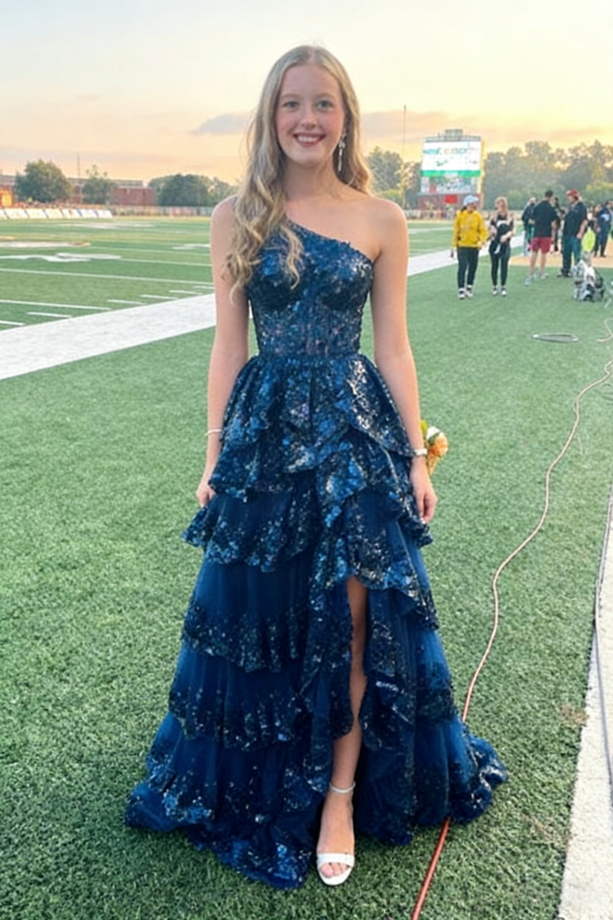 Navy Blue Sequin One Shoulder Tiered Side Slit A-Line Prom Dress with Ruffle Details, PD4194