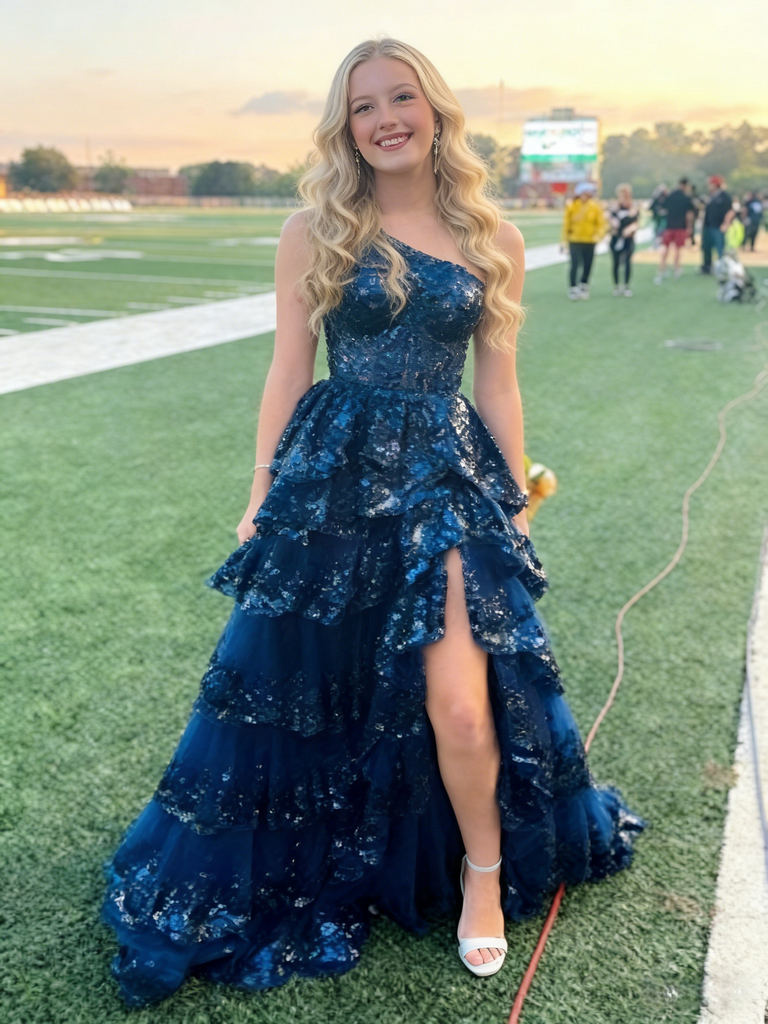 Navy Blue Sequin One Shoulder Tiered Side Slit A-Line Prom Dress with Ruffle Details, PD4194