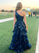 Navy Blue Sequin One Shoulder Tiered Side Slit A-Line Prom Dress with Ruffle Details, PD4194