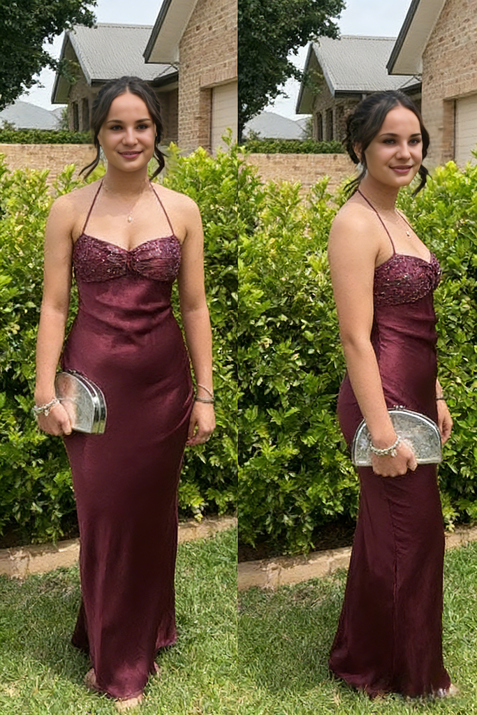 Burgundy Satin Halter Neck Mermaid Gown for Cocktail Parties & Formal Dinners, PD4195