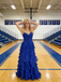 Royal Blue Spaghetti Strap Bow-Tiered Ruffled A-Line Maxi Dress for Prom & Party, PD4196