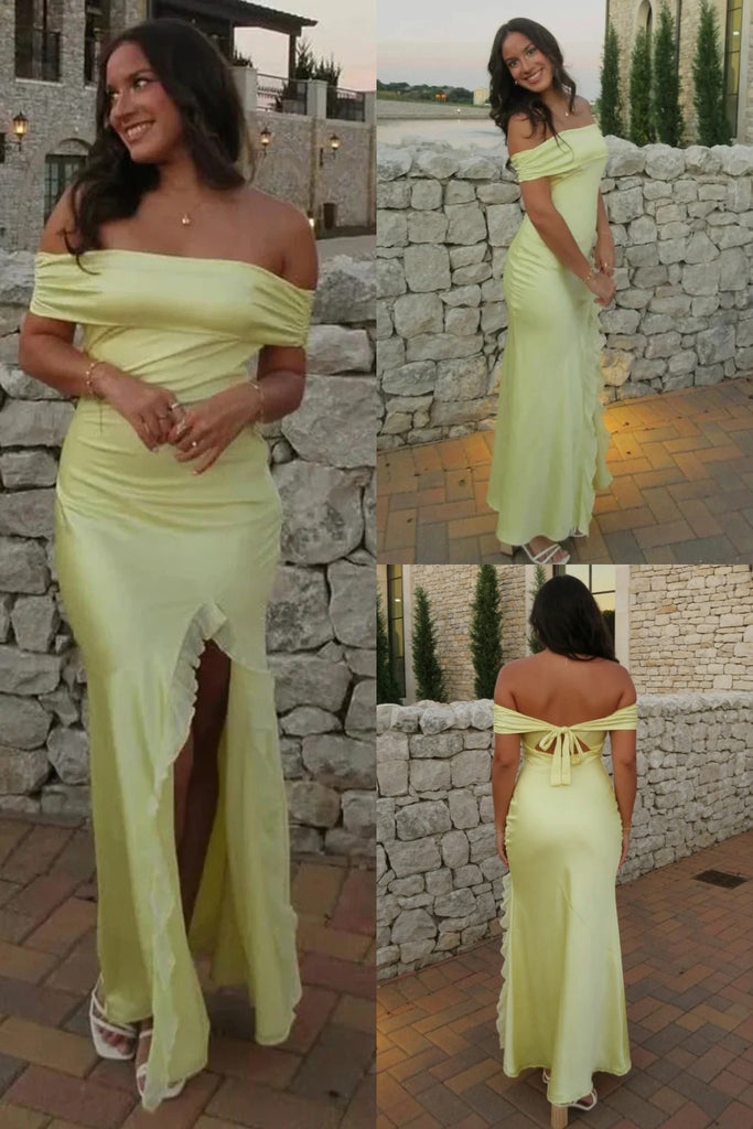 Pale Green Off-the-Shoulder Satin Slit Maxi Dress for Wedding Guest & Summer Events, PD4197
