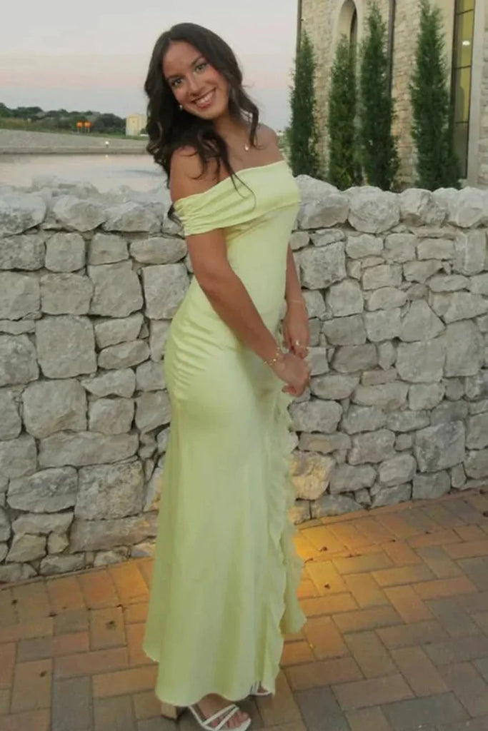 Pale Green Off-the-Shoulder Satin Slit Maxi Dress for Wedding Guest & Summer Events, PD4197
