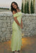 Pale Green Off-the-Shoulder Satin Slit Maxi Dress for Wedding Guest & Summer Events, PD4197