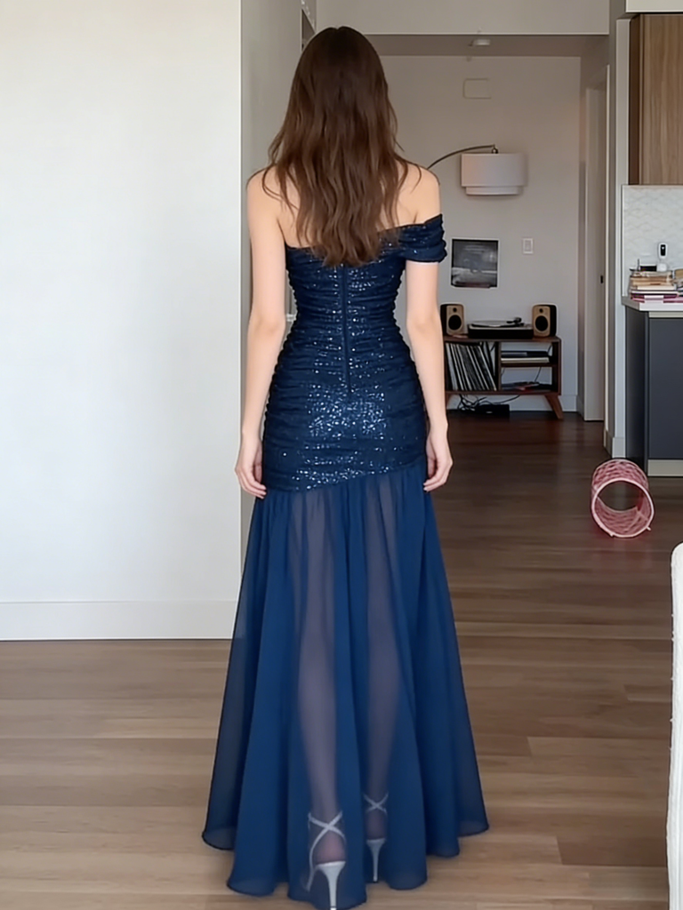 Romantic Navy Blue One Shoulder Sequin Chiffon Evening Gown | Formal Prom Dress, PD4201
