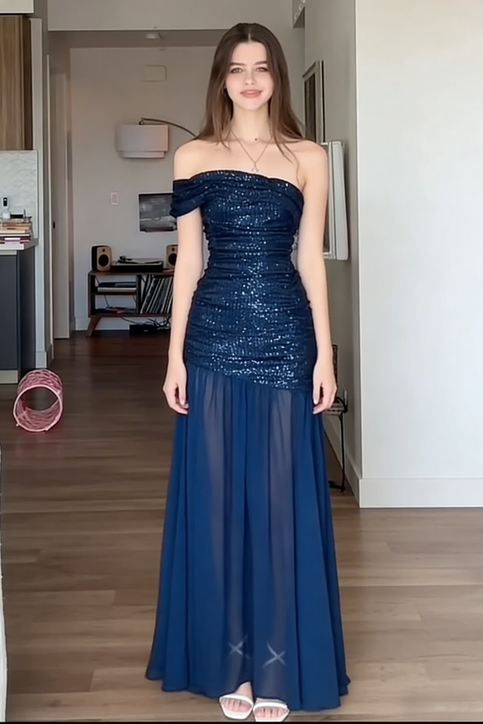 Romantic Navy Blue One Shoulder Sequin Chiffon Evening Gown | Formal Prom Dress, PD4201
