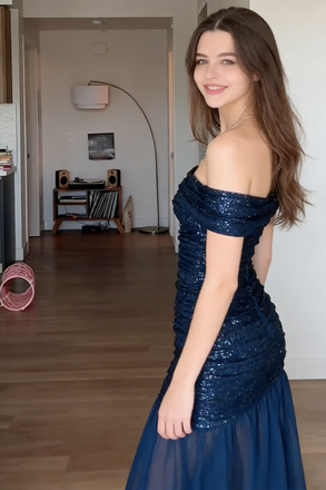 Romantic Navy Blue One Shoulder Sequin Chiffon Evening Gown | Formal Prom Dress, PD4201