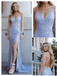 Elegant Dusty Blue Sequin Mermaid Prom Dress | V-Neck High Slit Evening Gown, PD4202