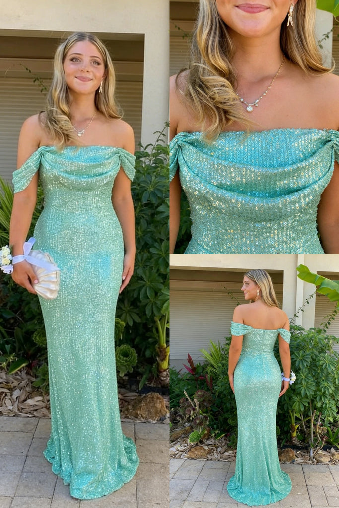 Gorgeous Mint Green Off-the-Shoulder Sequin Mermaid Prom Gown | Evening Dress, PD4205