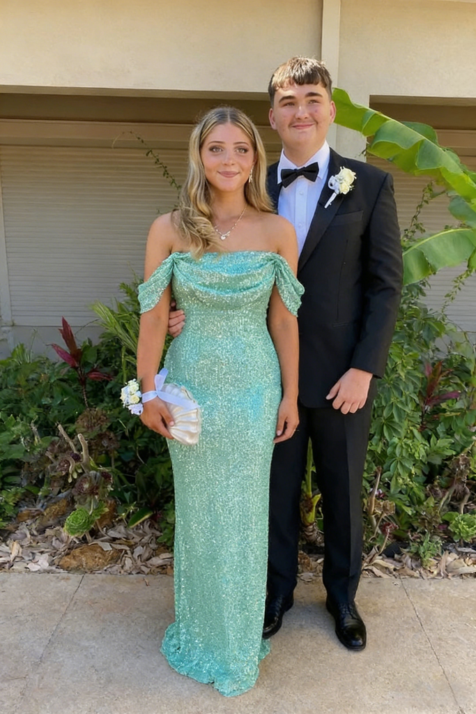 Gorgeous Mint Green Off-the-Shoulder Sequin Mermaid Prom Gown | Evening Dress, PD4205
