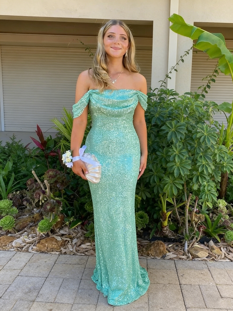 Gorgeous Mint Green Off-the-Shoulder Sequin Mermaid Prom Gown | Evening Dress, PD4205