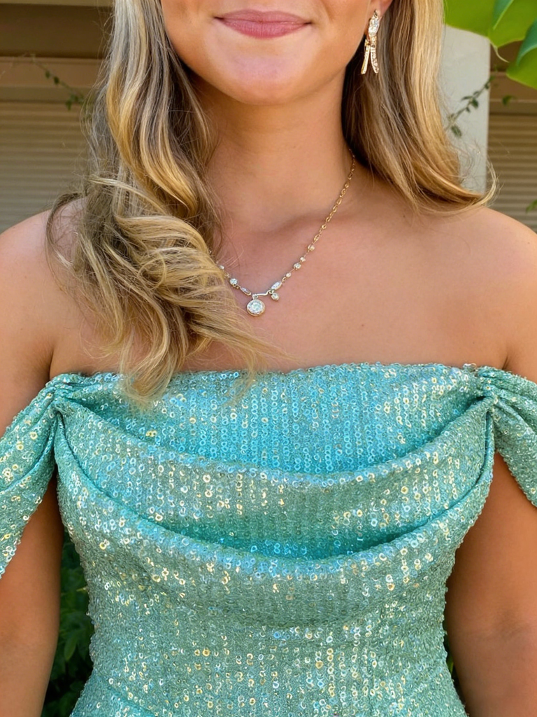 Gorgeous Mint Green Off-the-Shoulder Sequin Mermaid Prom Gown | Evening Dress, PD4205