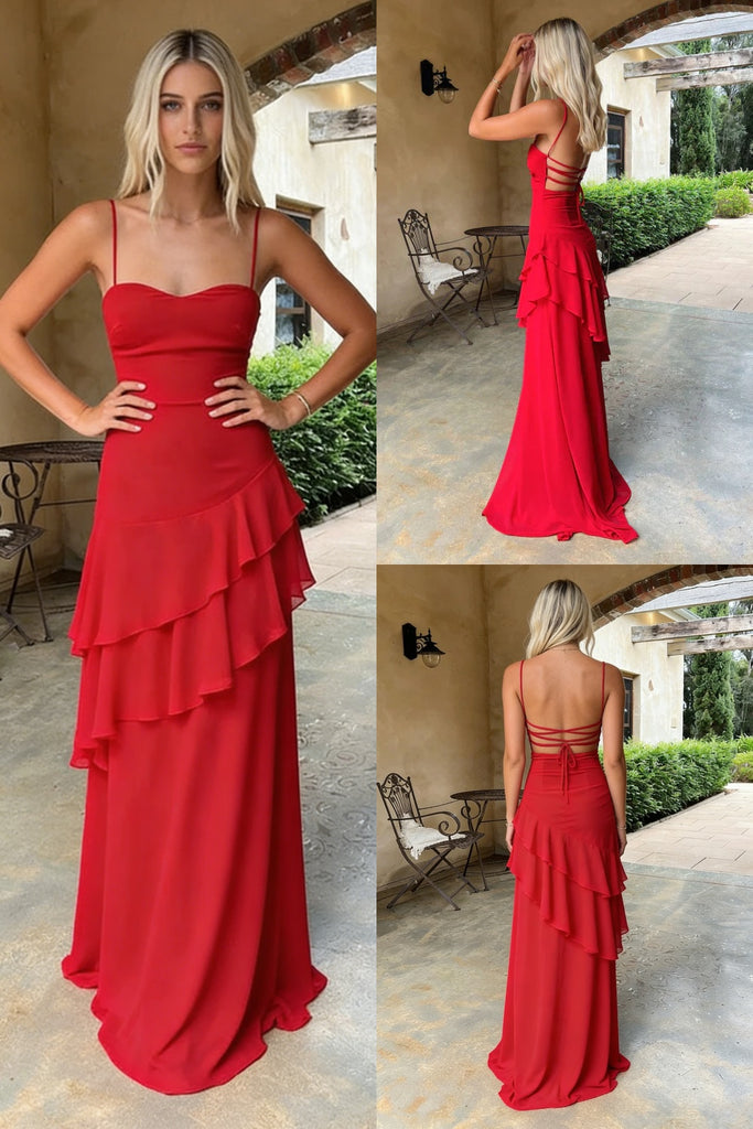 Elegant Chiffon Spaghetti Strap Ruffled Backless Evening Maxi Dress Prom Gown, PD4206