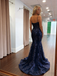 Exquisite Navy Blue Floral Sequin Floral Sequin Mermaid Prom Gown | Chapel Train Evening Dress, PD4207