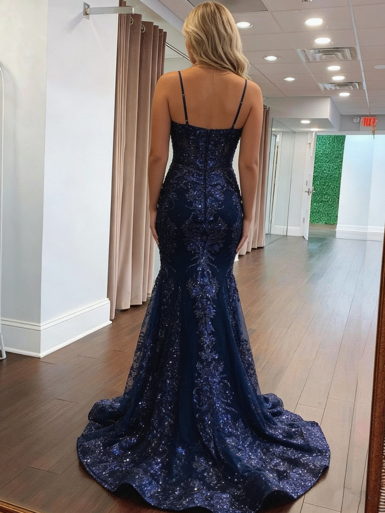Exquisite Navy Blue Floral Sequin Floral Sequin Mermaid Prom Gown | Chapel Train Evening Dress, PD4207