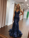 Exquisite Navy Blue Floral Sequin Floral Sequin Mermaid Prom Gown | Chapel Train Evening Dress, PD4207