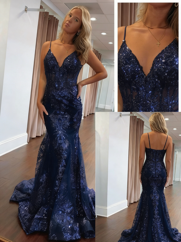 Exquisite Navy Blue Floral Sequin Floral Sequin Mermaid Prom Gown | Chapel Train Evening Dress, PD4207
