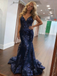Exquisite Navy Blue Floral Sequin Floral Sequin Mermaid Prom Gown | Chapel Train Evening Dress, PD4207