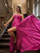 Fuchsia Spaghetti Straps Satin Prom Dress, Pleated Cutout A-Line Formal Gown for Prom, PD4209