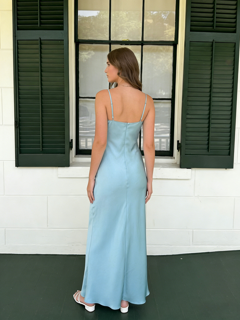 ice blue satin prom dress Ice Blue Satin Long Dress With Beaded Lace Appliqu