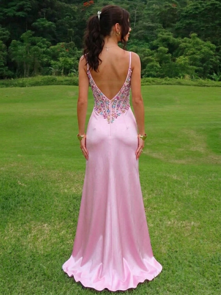 Pink Sparkly Satin Slit Formal Evening Gown Spaghetti Straps Backless Party Dress for Wedding Guest, PD4211
